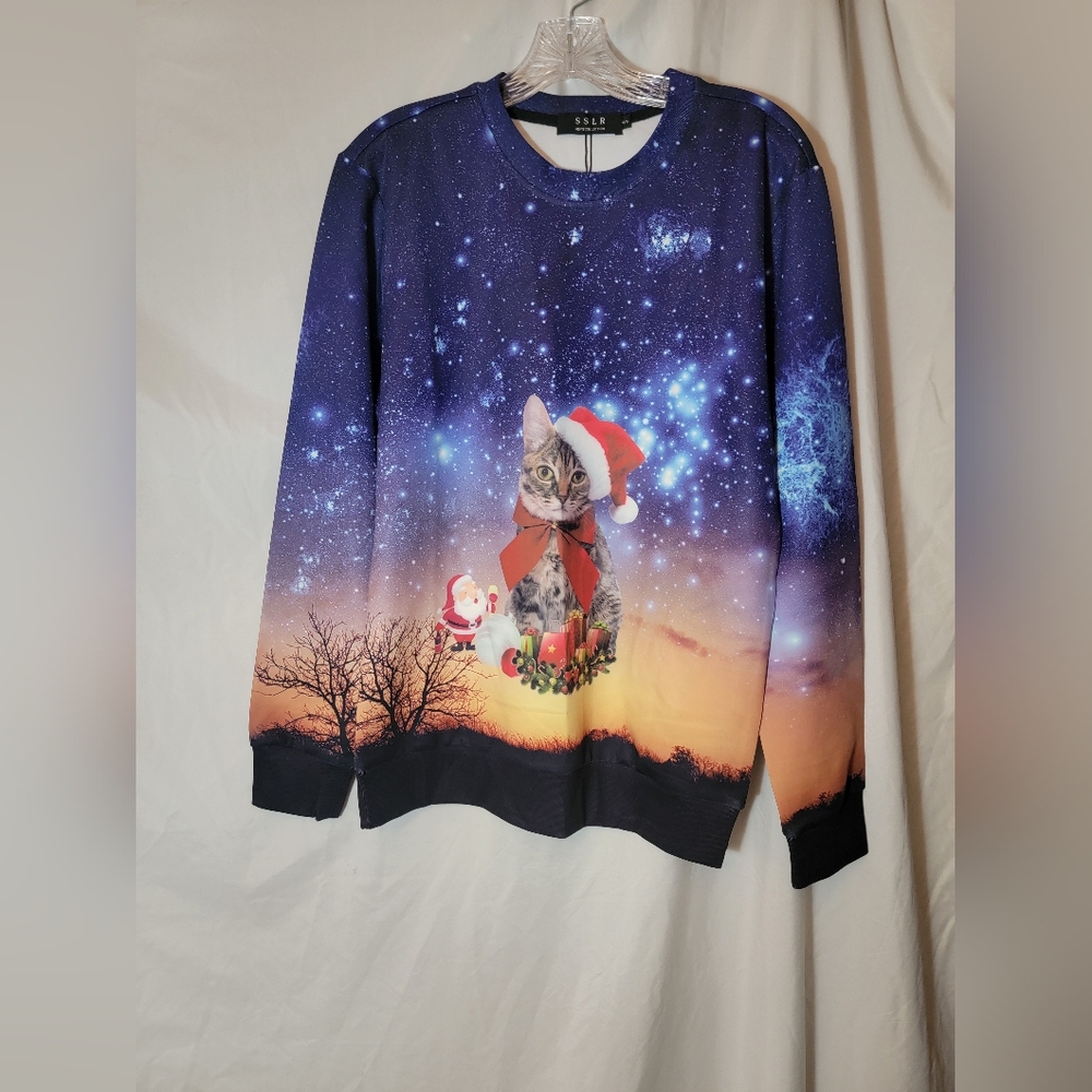 SSLR Mens Funny Christmas Crew Neck Ugly Sweater Pullover Cat Santa Small